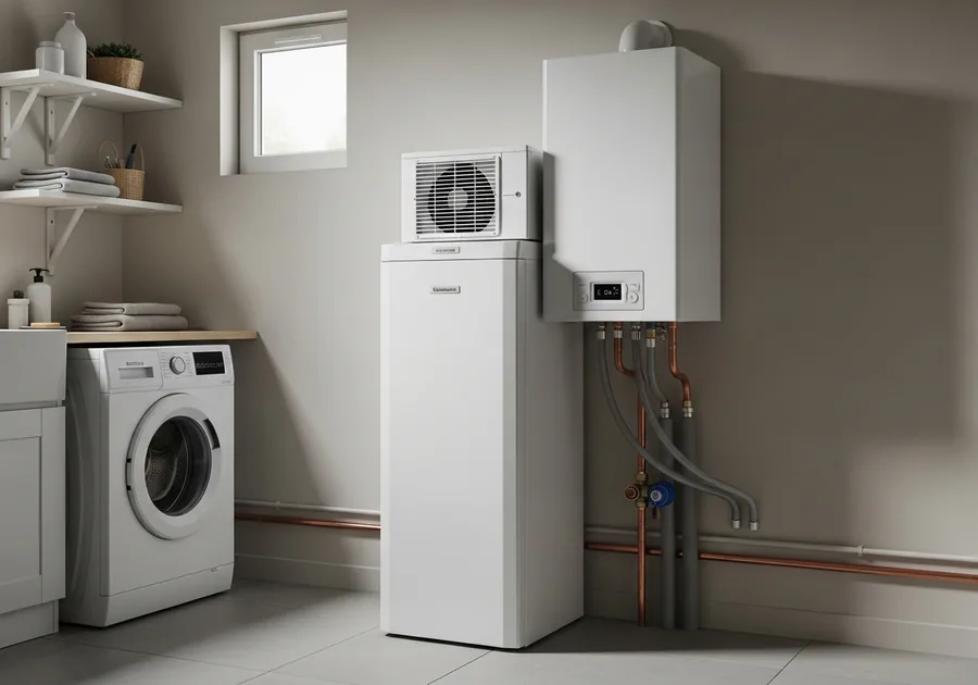 Chauffe-eau thermodynamique installé dans une buanderie d'une maison roannaise