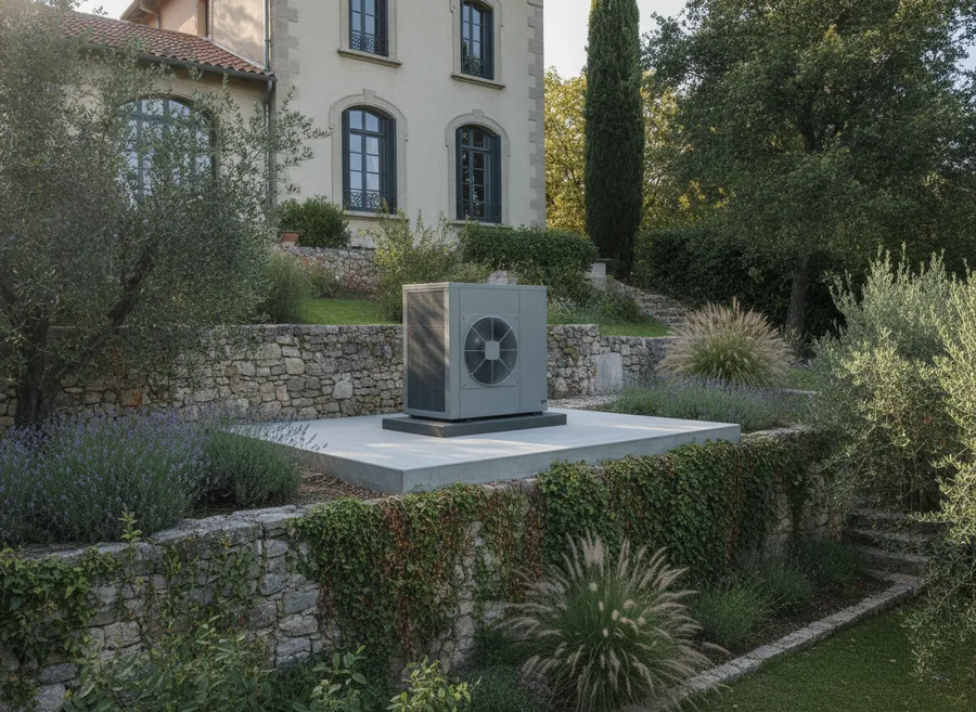 Pompe à chaleur air/eau installée à Caluire-et-Cuire sur une plate-forme de niveau, au bas d'un jardin en pente