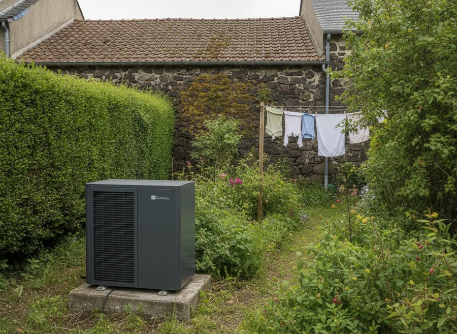 Pompe à chaleur air/eau installée à Clermont-Ferrand dans le jardin d'une maison de la cité Michelin