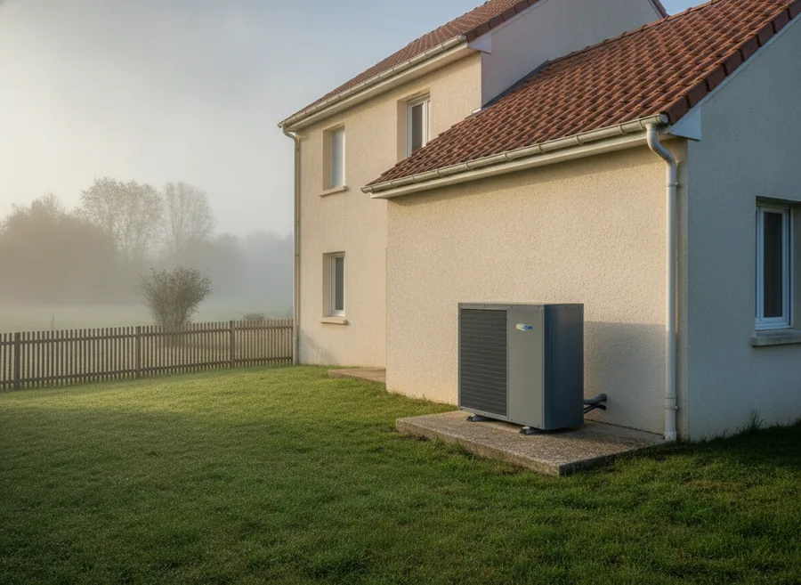 Pompe à chaleur air/eau installée à Meyzieu sur une dalle pentée, contre un pavillon du Mathiolan
