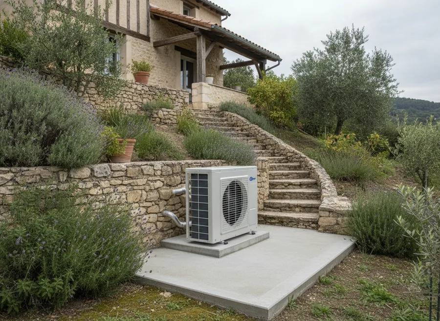 Pompe à chaleur air/eau installée à Oullins-Pierre-Bénite sur une plate-forme au bas d'un jardin en terrasses