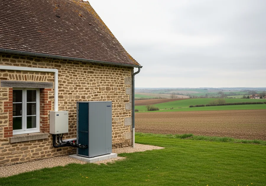Pompe à chaleur air/eau installée à Parigny dans une maison de bourg avec plancher chauffant conservé