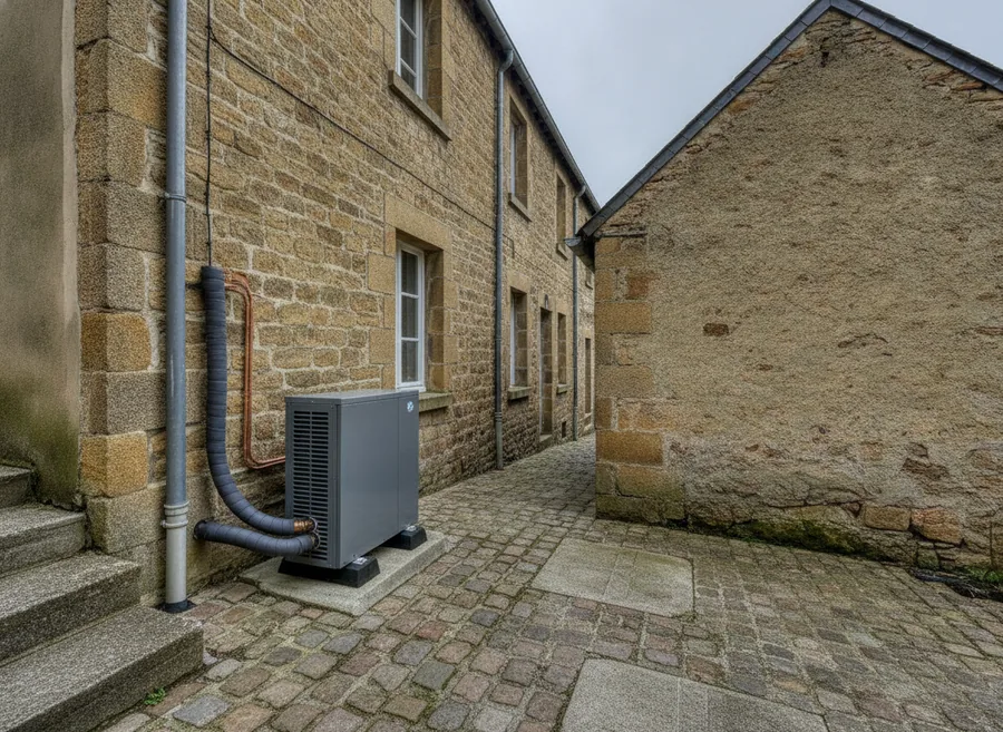 Pompe à chaleur air/eau installée à Saint-Étienne dans la courette d'une maison de mineurs en grès