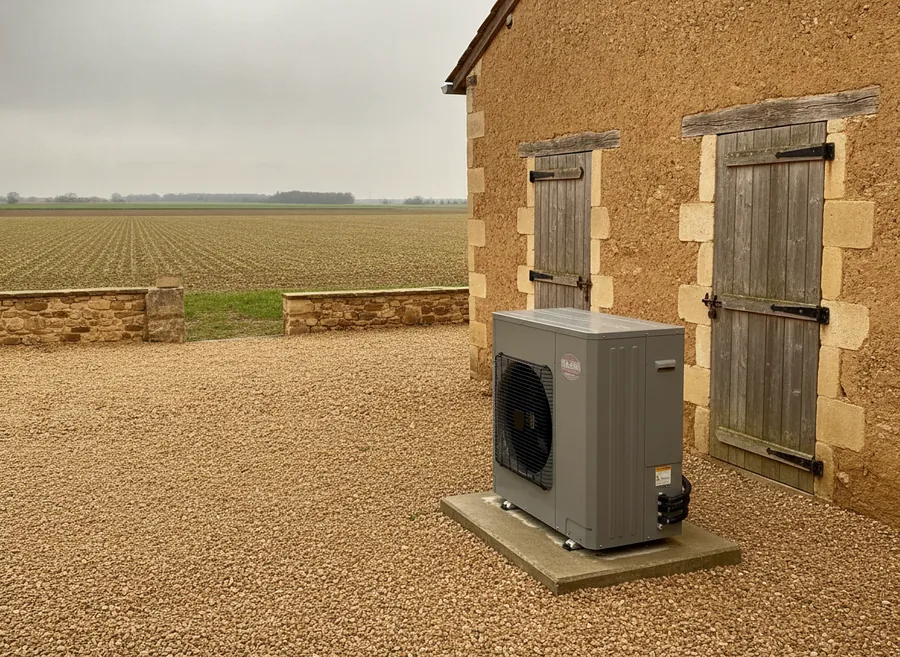 Pompe à chaleur air/eau installée à Saint-Priest devant une ancienne ferme en pisé de Manissieux