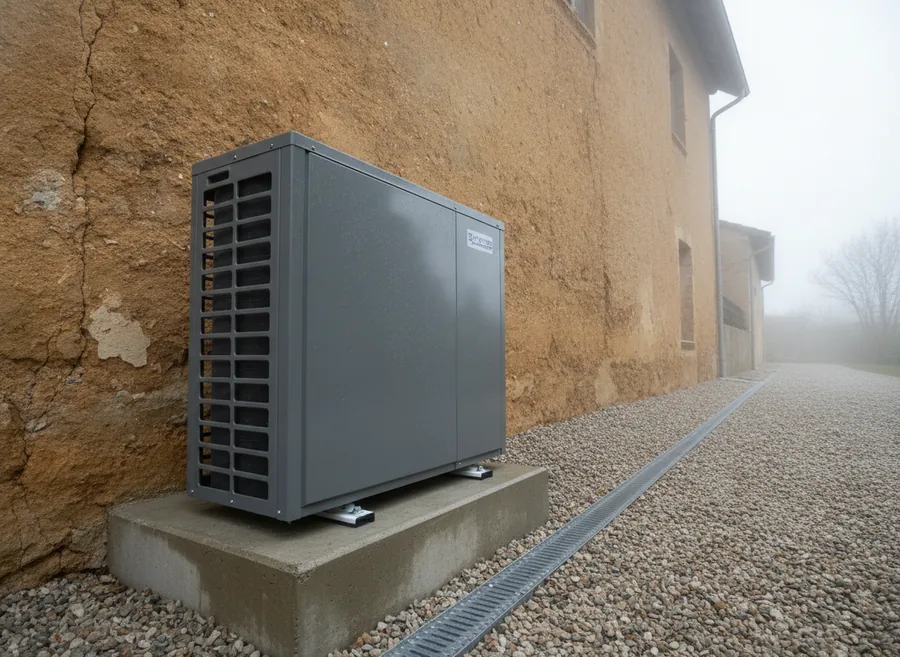 Pompe à chaleur air/eau installée à Vaulx-en-Velin sur dalle, contre une maison en pisé