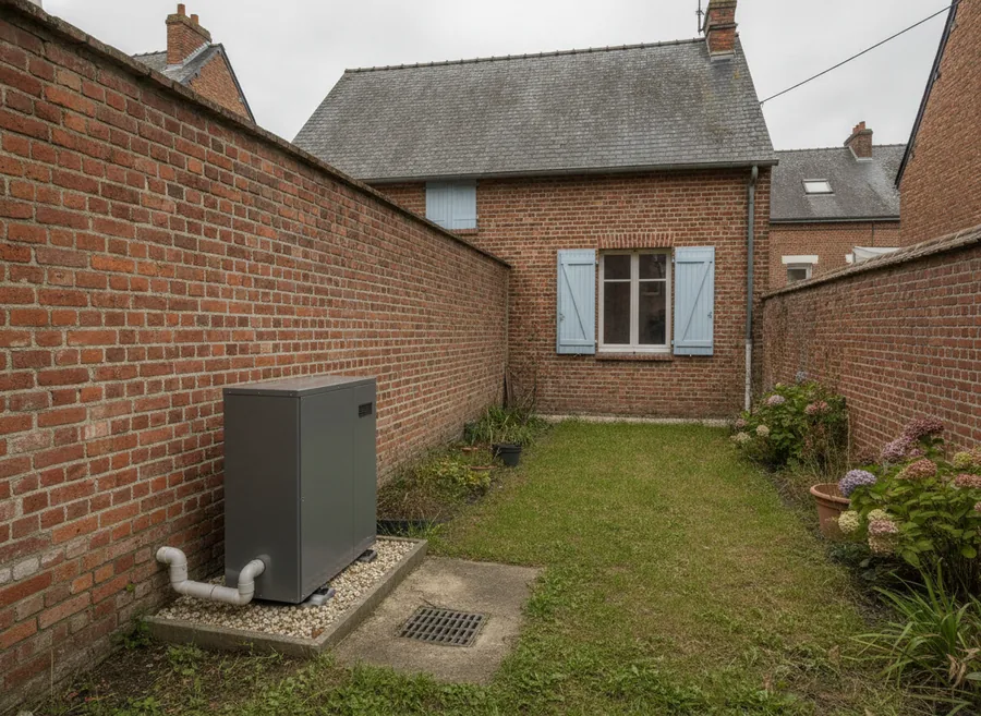 Pompe à chaleur air/eau installée à Vénissieux le long d'un pavillon d'avant-guerre