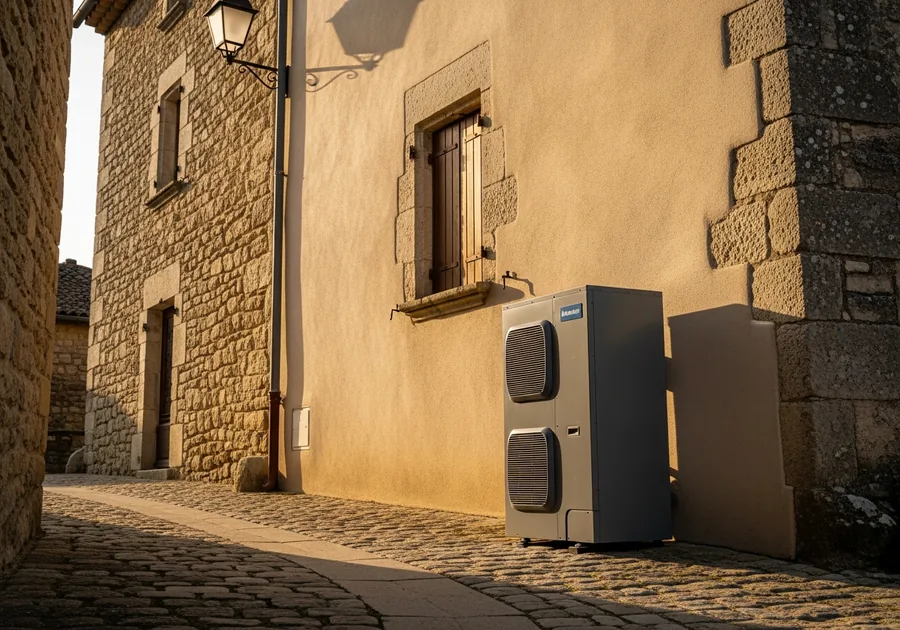 Pompe à chaleur air/eau haute température dans une maison en pierre à Villerest